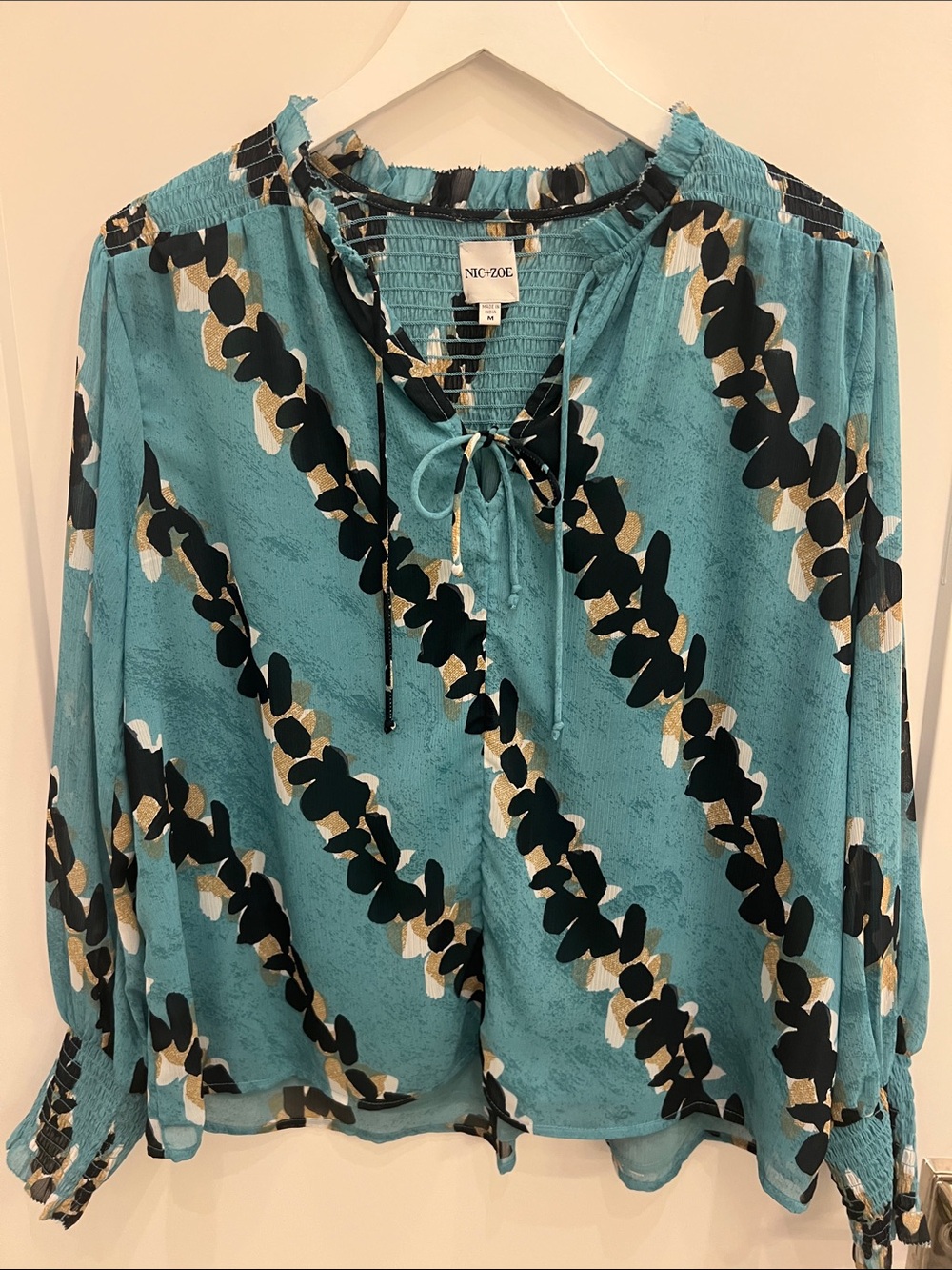 NIC+ZOE Teal Abstract Print Tie-Neck Blouse